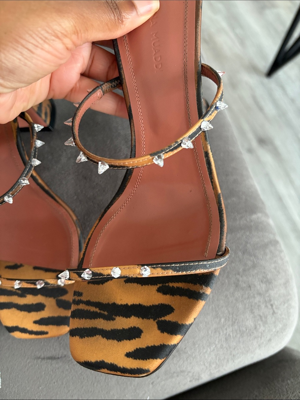 Amina Muaddi Karma Mini Spikes Tiger Print Sandal (some spikes missing) 38.5 - Picture 9 of 10